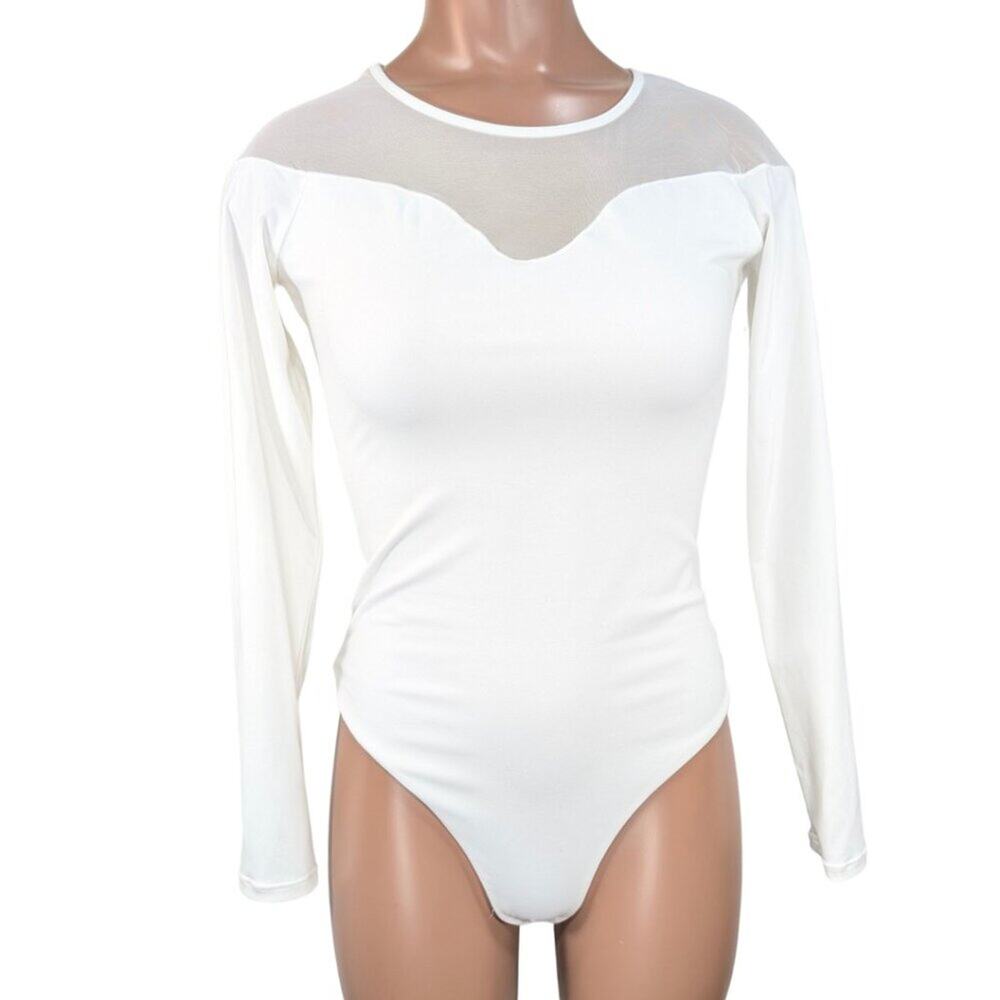 PUMIEY White Small Long Sleeve Mesh Cut Out Soft Bodysuit